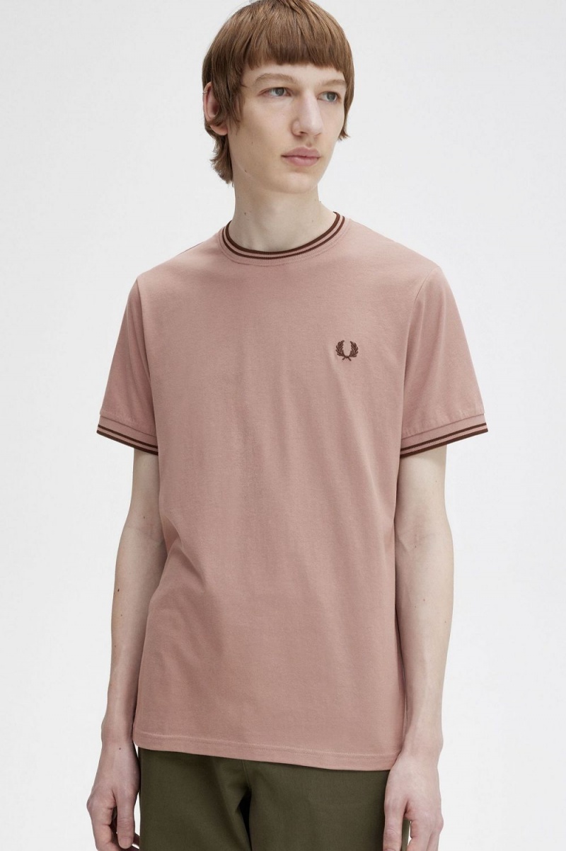 Fred Perry Twin Tipped Men's T-Shirt Dark Pink Whisky Brown | JMFOB2853