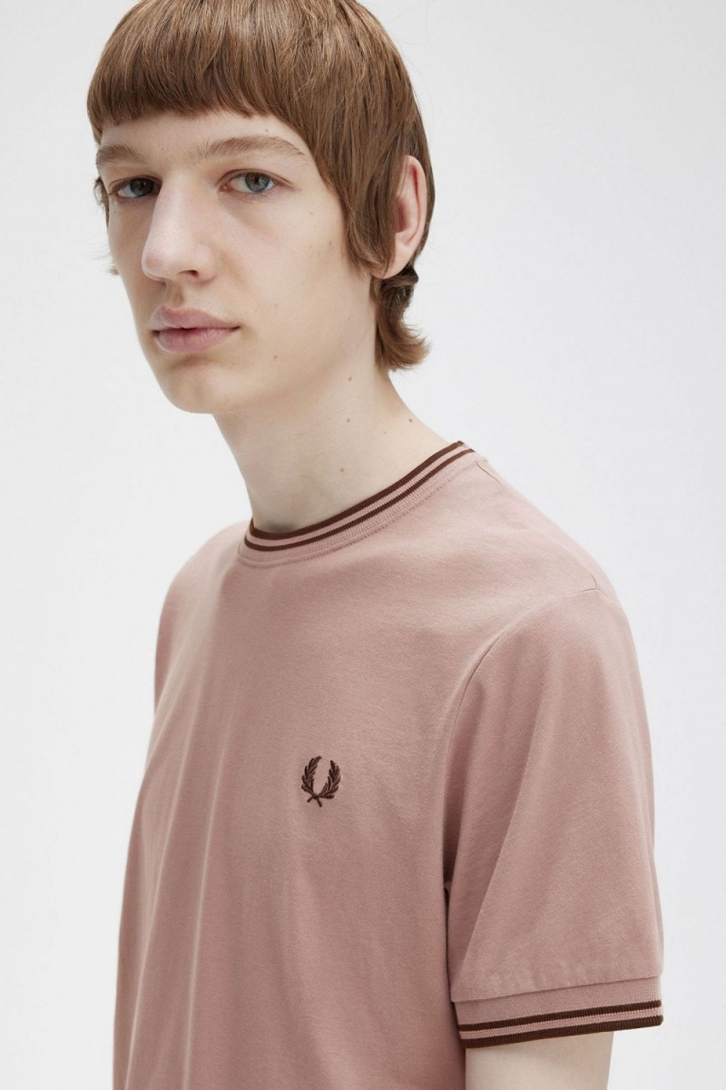 Fred Perry Twin Tipped Men's T-Shirt Dark Pink Whisky Brown | JMFOB2853