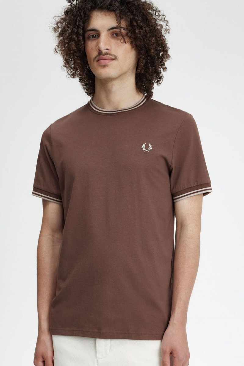 Fred Perry Twin Tipped Men's T-Shirt Dark Red Warm Grey | ZNLFY0923