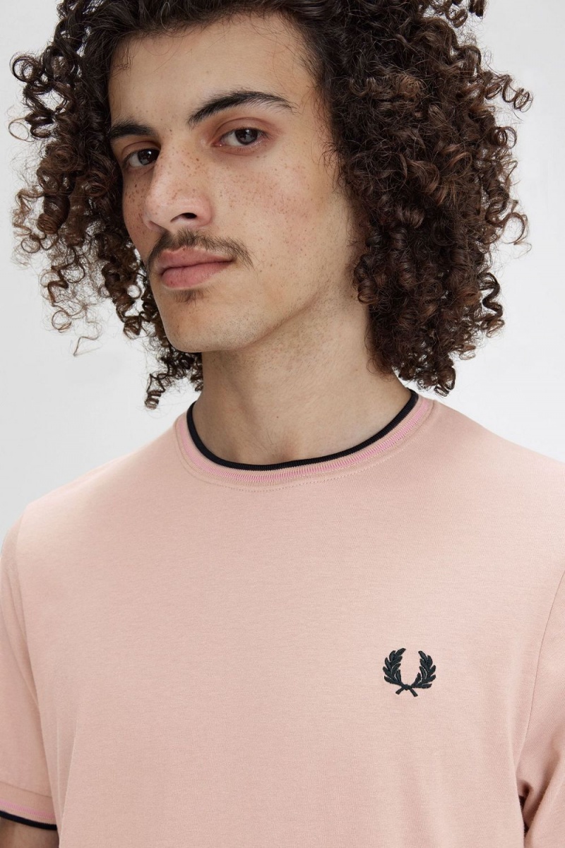 Fred Perry Twin Tipped Men's T-Shirt Dark Pink Dusty Rose Black | DLOXG7102