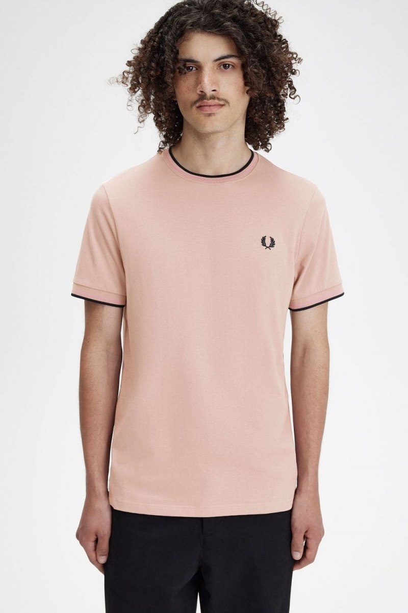 Fred Perry Twin Tipped Men's T-Shirt Dark Pink Dusty Rose Black | DLOXG7102