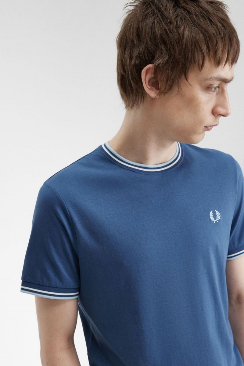 Fred Perry Twin Tipped Men's T-Shirt Midnight Blue Beige Light Aqua | ROEUW6582