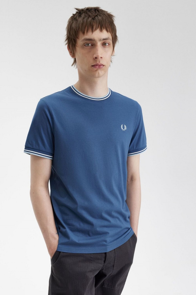 Fred Perry Twin Tipped Men's T-Shirt Midnight Blue Beige Light Aqua | ROEUW6582