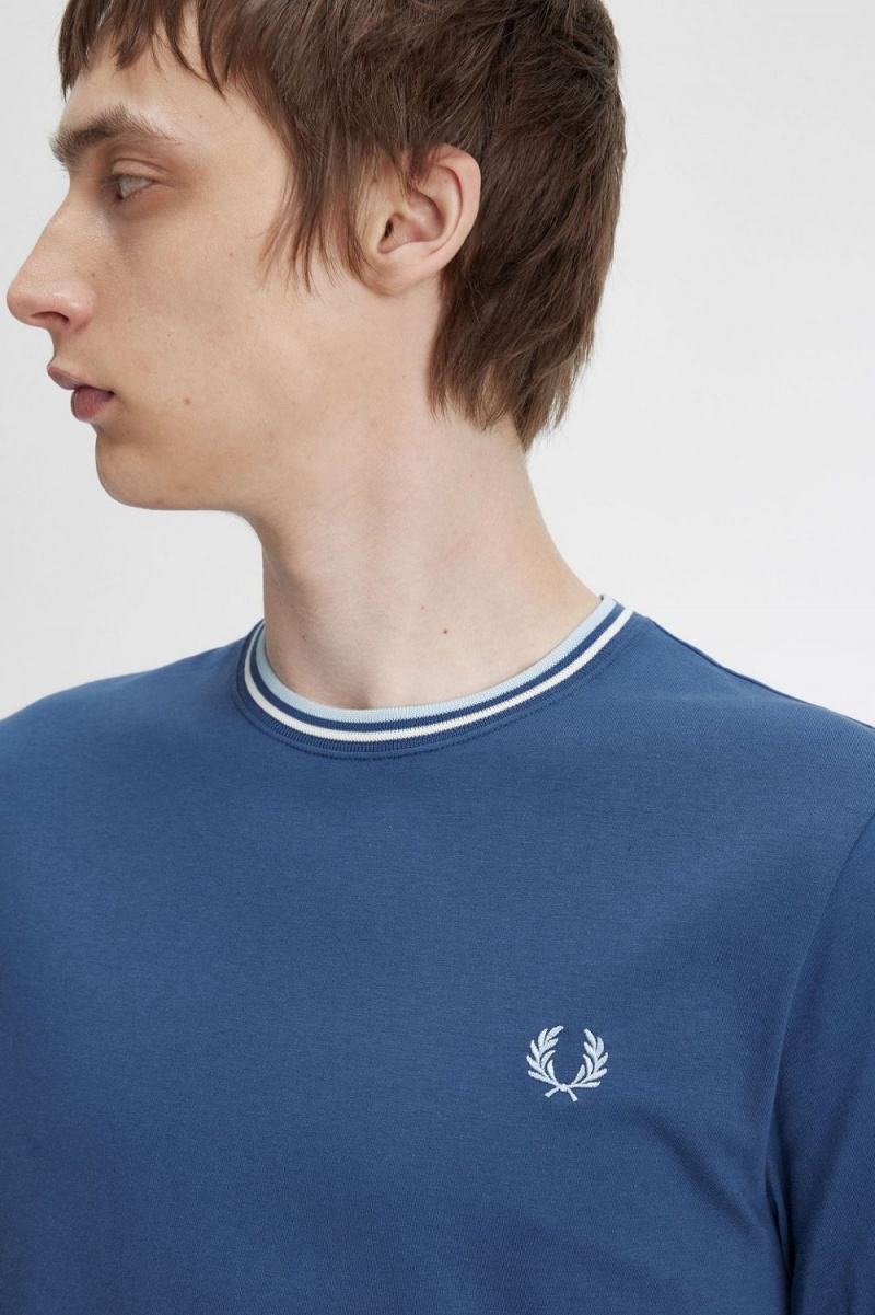 Fred Perry Twin Tipped Men's T-Shirt Midnight Blue Beige Light Aqua | ROEUW6582