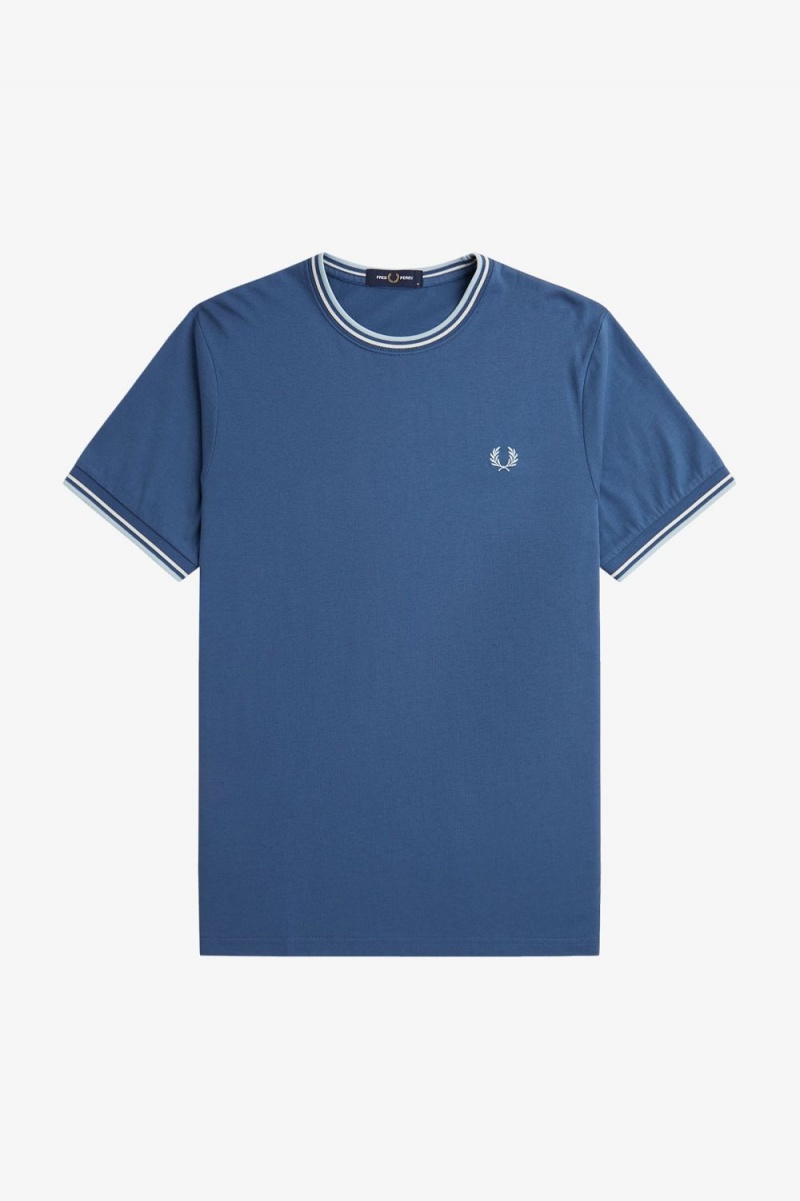 Fred Perry Twin Tipped Men's T-Shirt Midnight Blue Beige Light Aqua | ROEUW6582