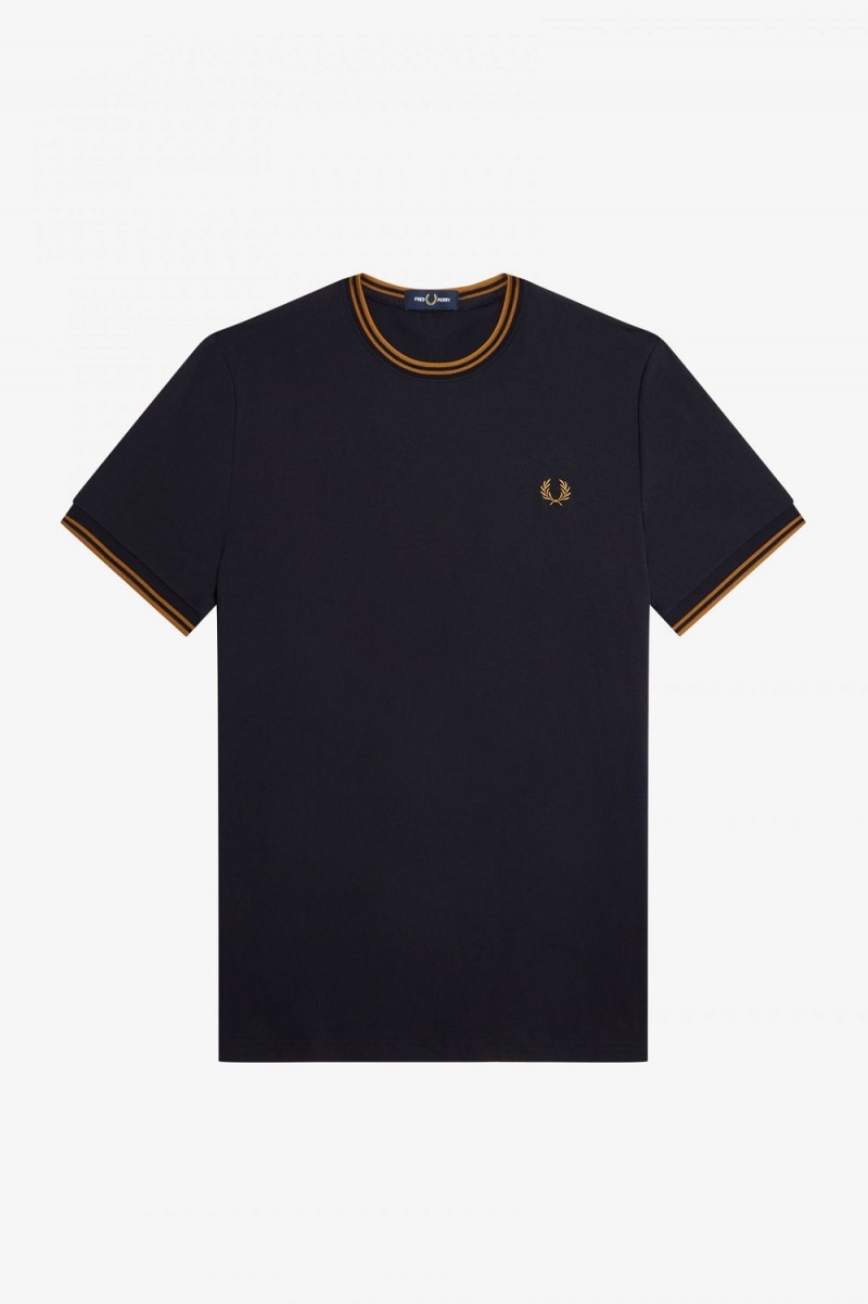 Fred Perry Twin Tipped Men's T-Shirt Navy Dark Coffee | TQJXS5043