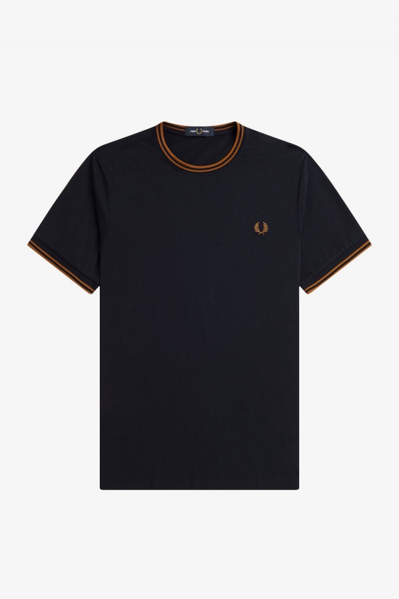 Fred Perry Twin Tipped Men's T-Shirt Navy Dark Coffee | TQJXS5043