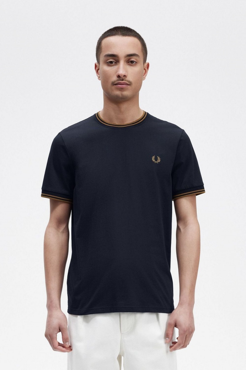 Fred Perry Twin Tipped Men's T-Shirt Navy Dark Coffee | TQJXS5043