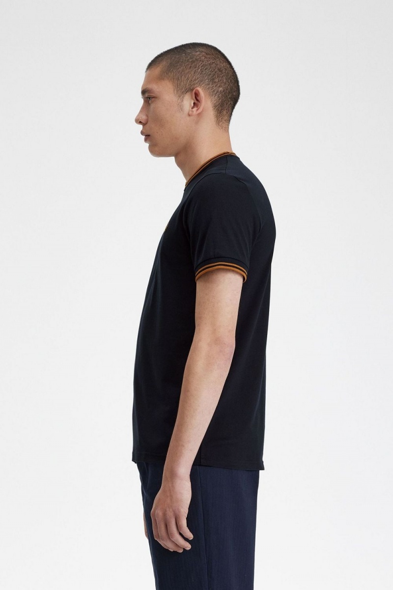 Fred Perry Twin Tipped Men's T-Shirt Navy Dark Coffee | TQJXS5043