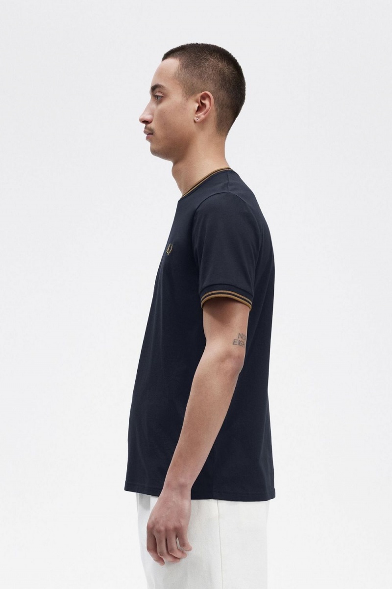 Fred Perry Twin Tipped Men's T-Shirt Navy Dark Coffee | TQJXS5043