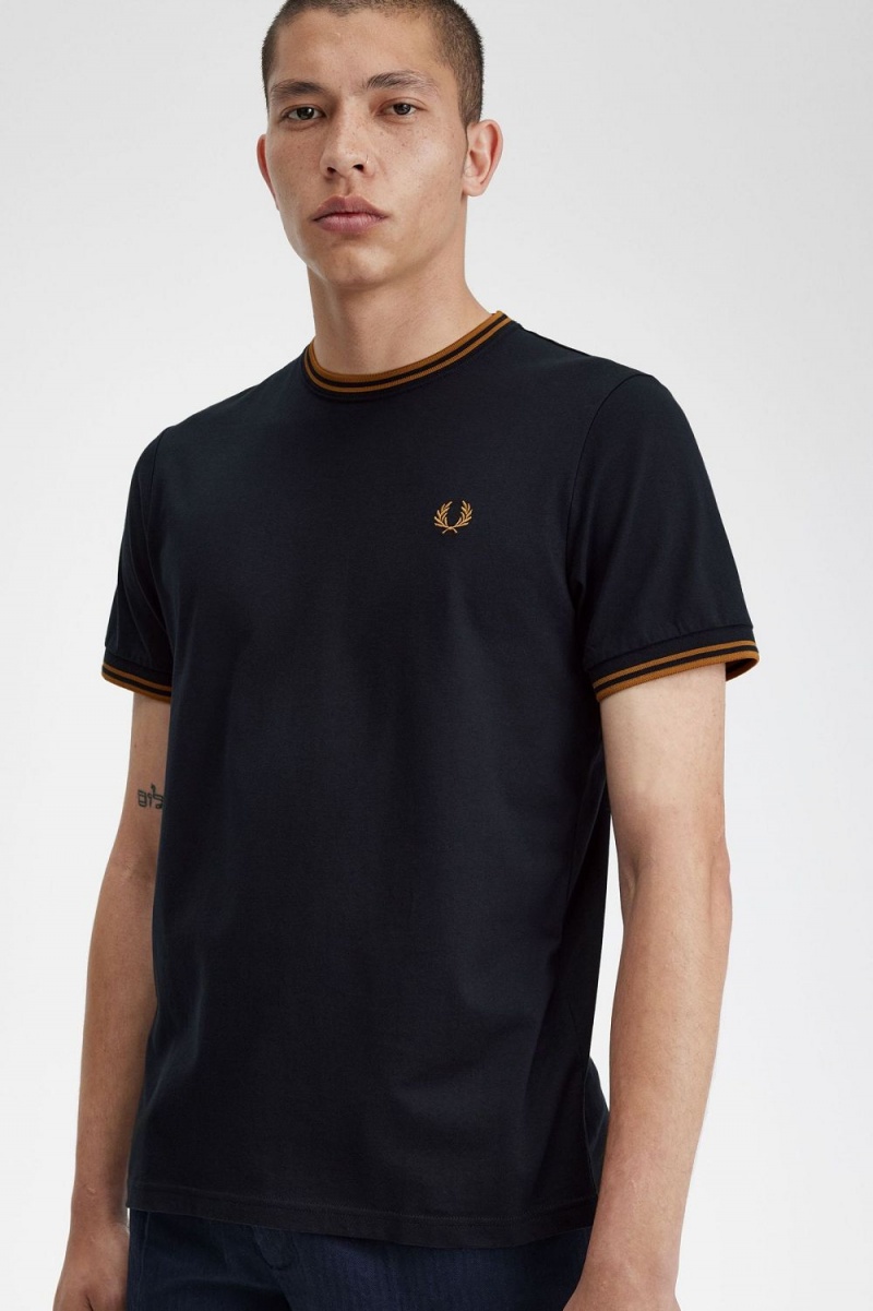 Fred Perry Twin Tipped Men's T-Shirt Navy Dark Coffee | TQJXS5043