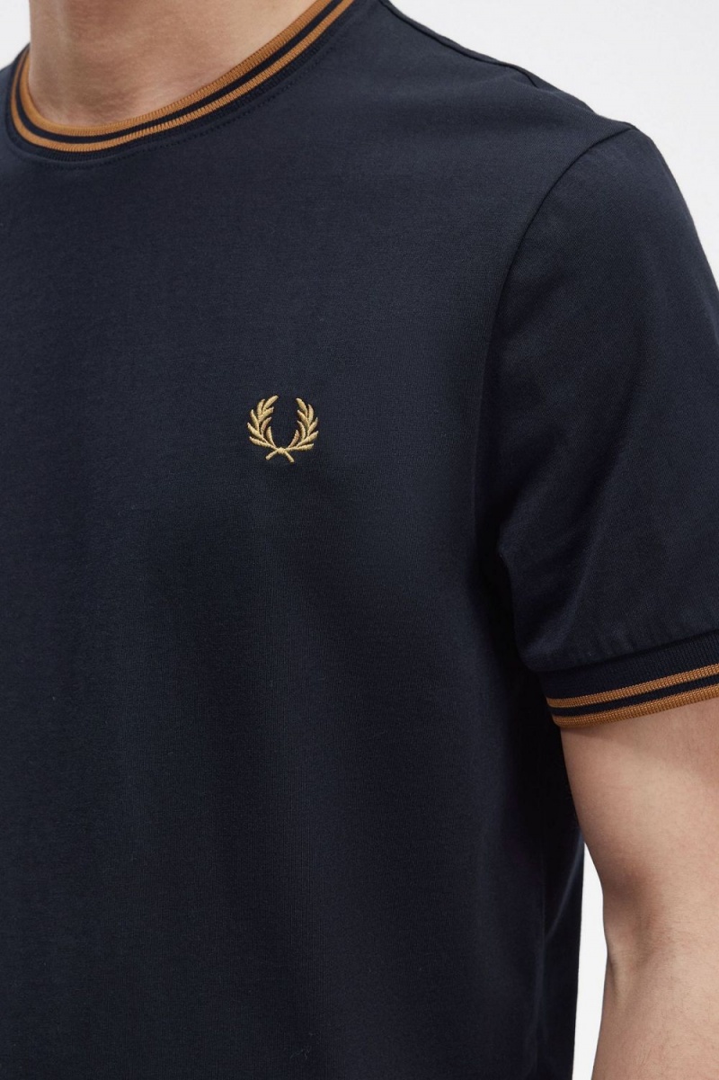 Fred Perry Twin Tipped Men's T-Shirt Navy Dark Coffee | TQJXS5043