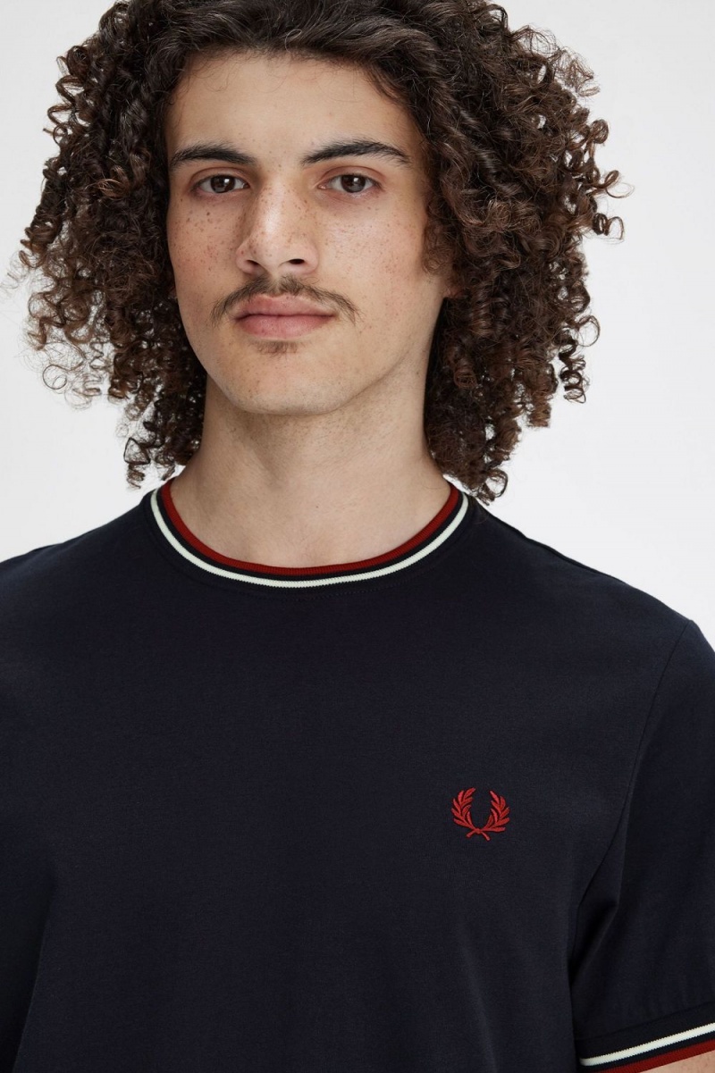 Fred Perry Twin Tipped Men's T-Shirt Navy Snow White Burnt Red | OCPRG3821