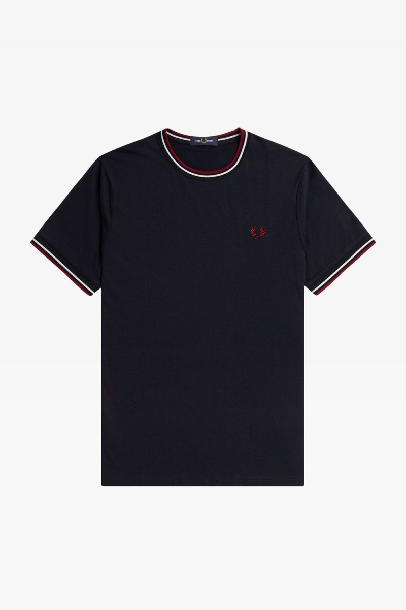 Fred Perry Twin Tipped Men's T-Shirt Navy Snow White Burnt Red | OCPRG3821