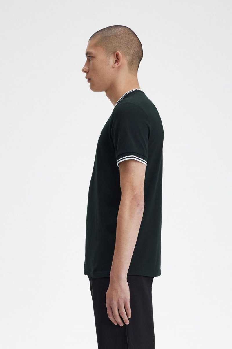 Fred Perry Twin Tipped Men's T-Shirt Night Green Snow White | LWHGS8306