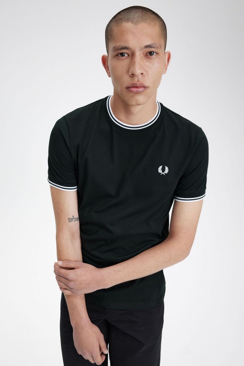 Fred Perry Twin Tipped Men's T-Shirt Night Green Snow White | LWHGS8306