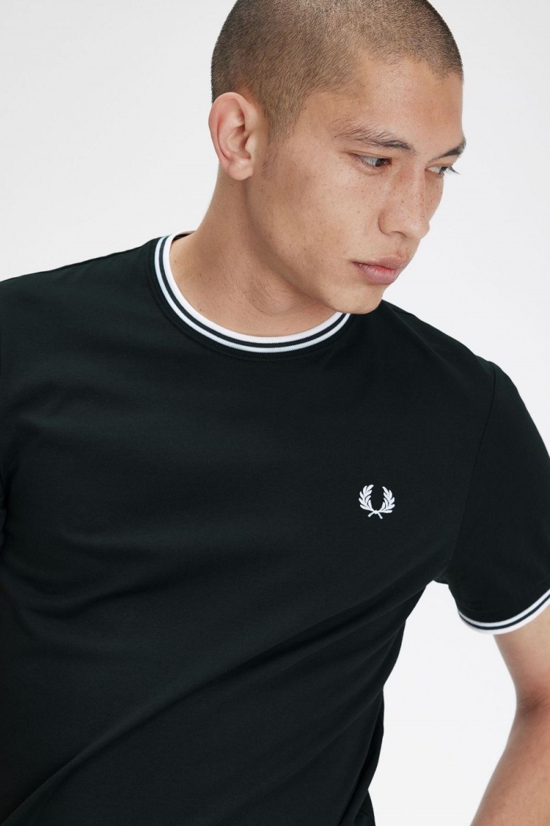 Fred Perry Twin Tipped Men's T-Shirt Night Green Snow White | LWHGS8306