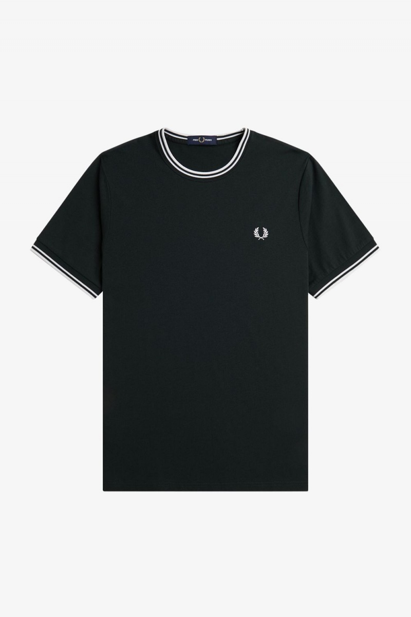 Fred Perry Twin Tipped Men's T-Shirt Night Green Snow White | LWHGS8306