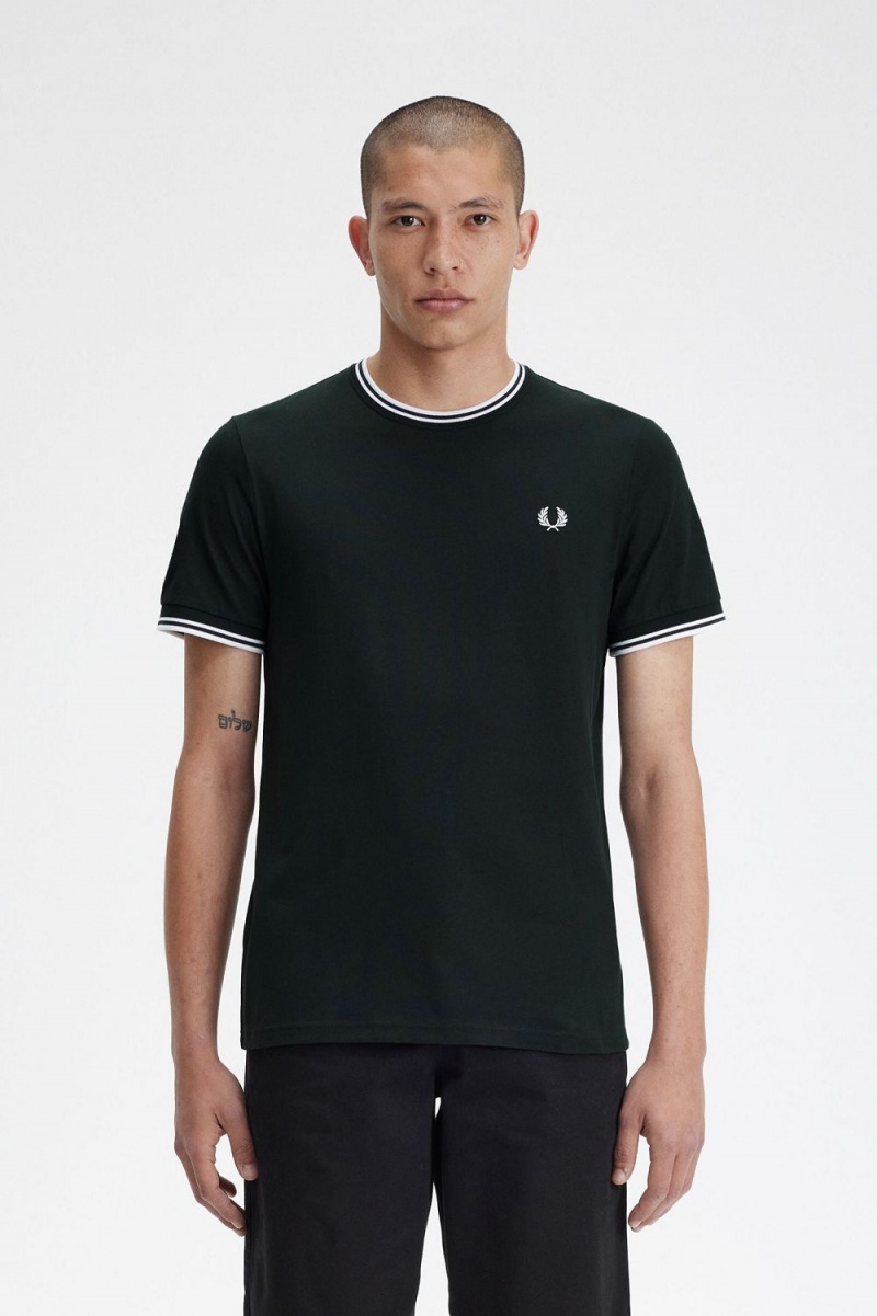 Fred Perry Twin Tipped Men\'s T-Shirt Night Green Snow White | LWHGS8306