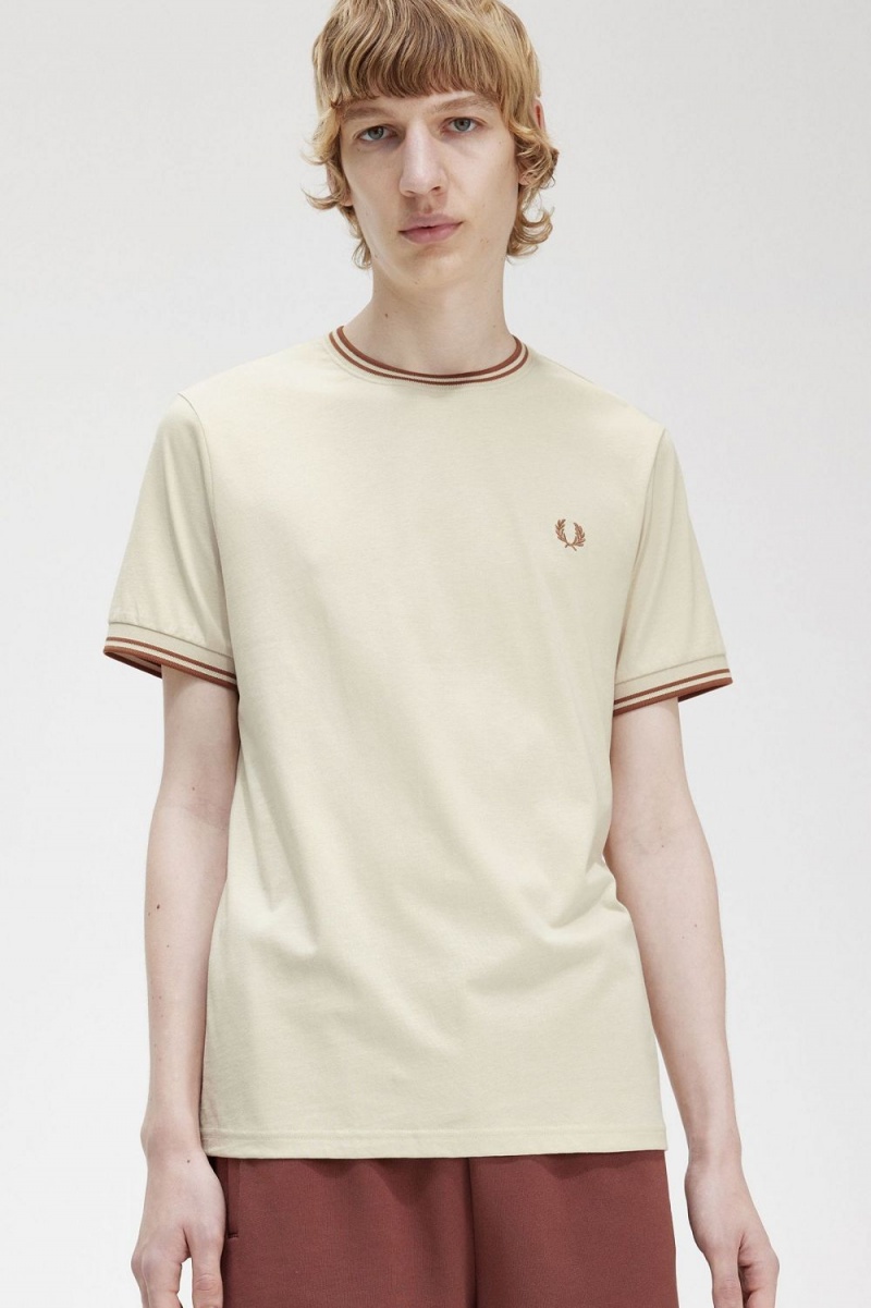 Fred Perry Twin Tipped Men's T-Shirt Oatmeal | EOSPJ4716