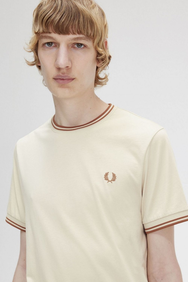 Fred Perry Twin Tipped Men's T-Shirt Oatmeal | EOSPJ4716