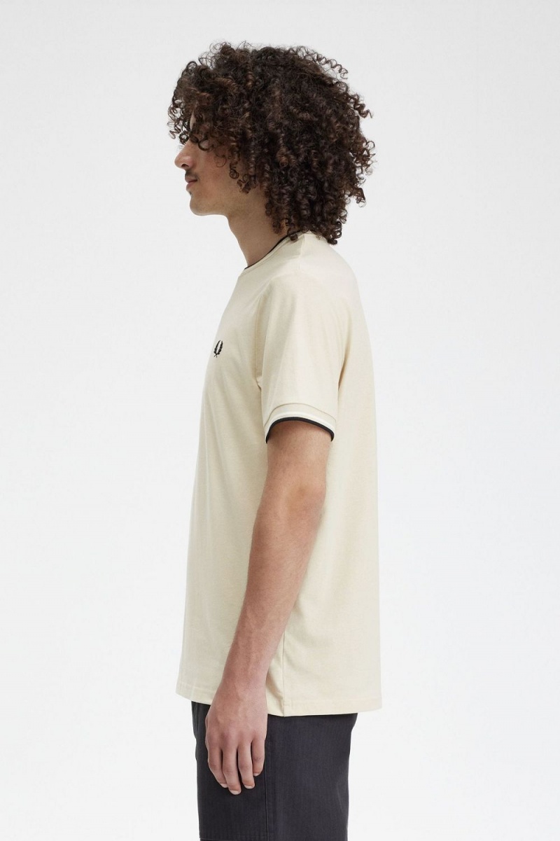 Fred Perry Twin Tipped Men's T-Shirt Oatmeal Beige Black | GCDOB7621