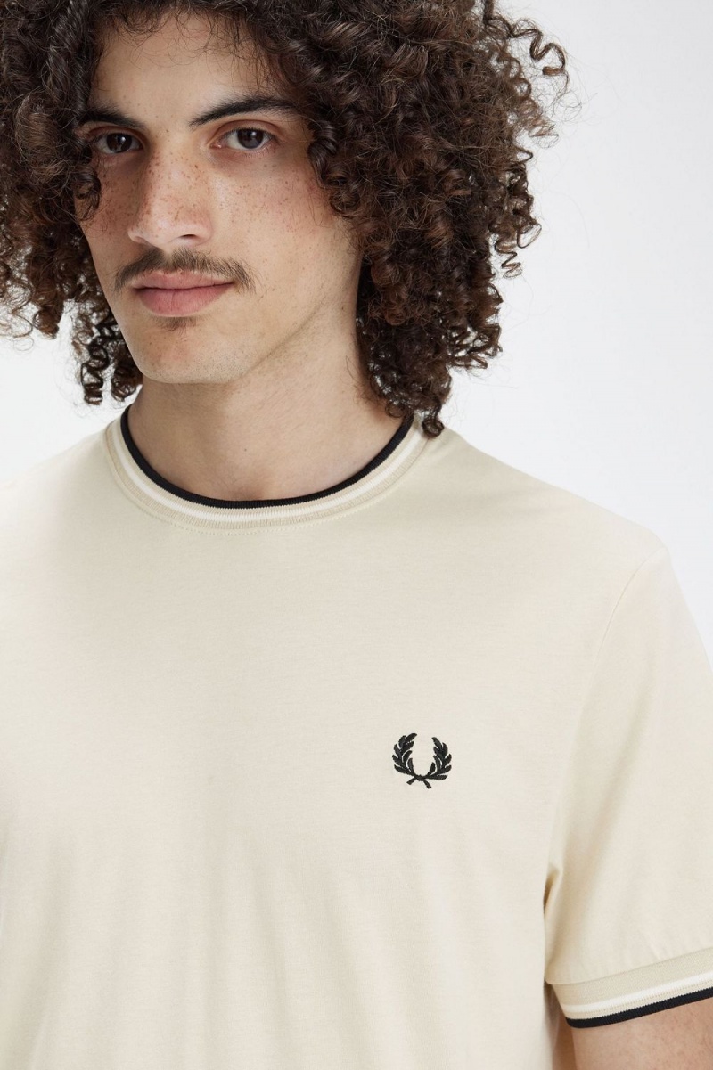 Fred Perry Twin Tipped Men's T-Shirt Oatmeal Beige Black | GCDOB7621