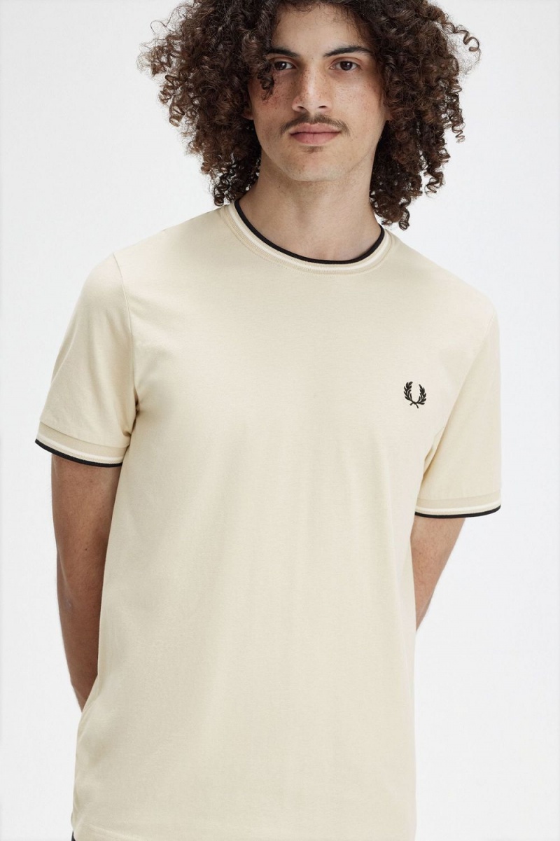 Fred Perry Twin Tipped Men's T-Shirt Oatmeal Beige Black | GCDOB7621