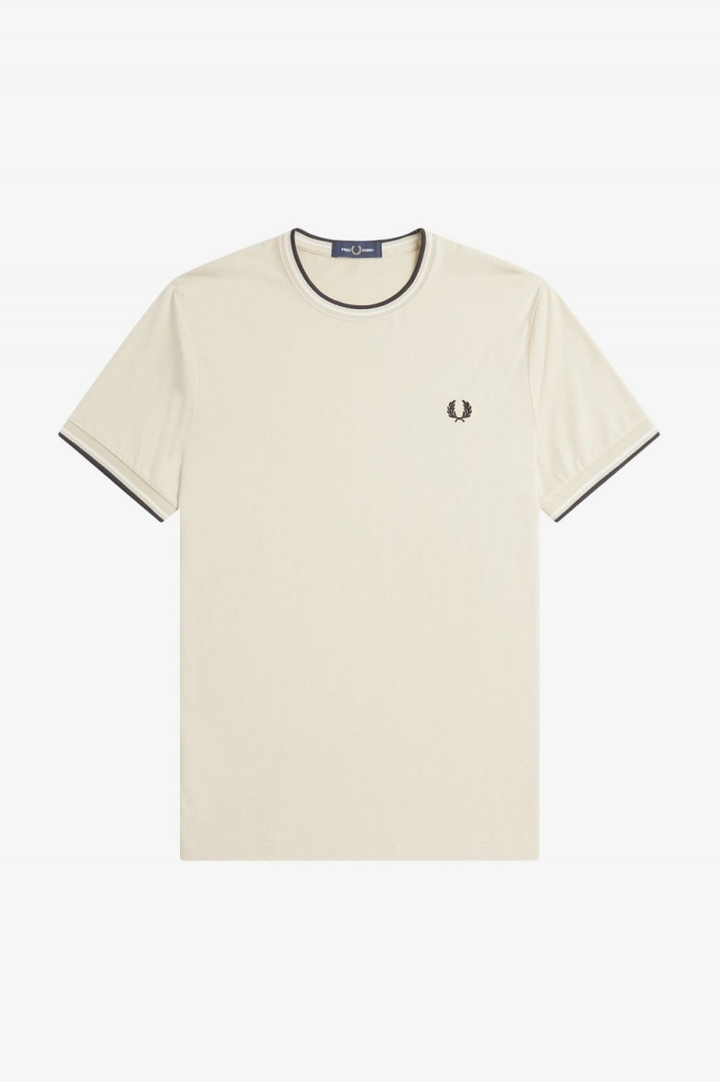 Fred Perry Twin Tipped Men's T-Shirt Oatmeal Beige Black | GCDOB7621