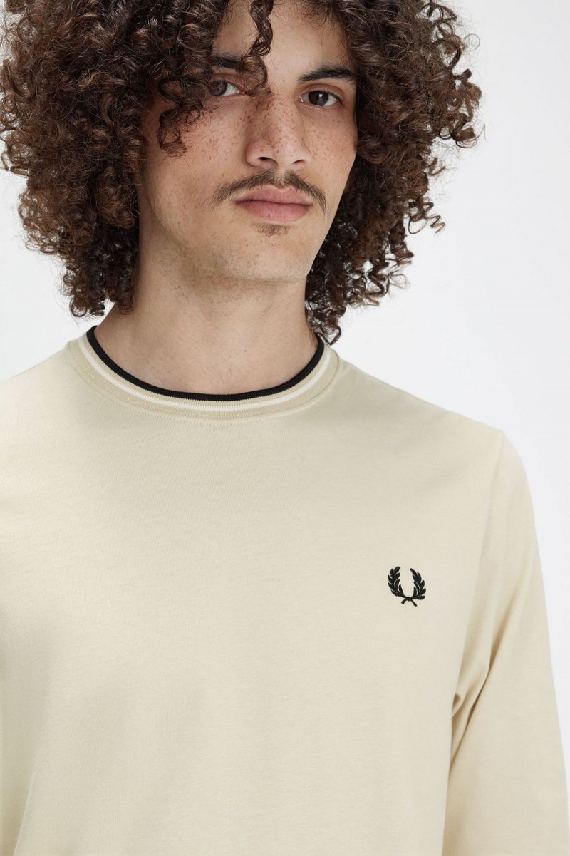 Fred Perry Twin Tipped Men's T-Shirt Oatmeal Beige Black | JIPCX7904