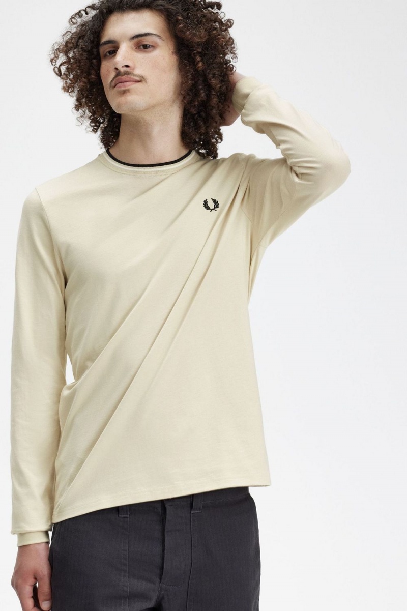 Fred Perry Twin Tipped Men's T-Shirt Oatmeal Beige Black | JIPCX7904