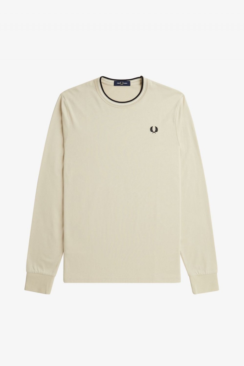 Fred Perry Twin Tipped Men's T-Shirt Oatmeal Beige Black | JIPCX7904