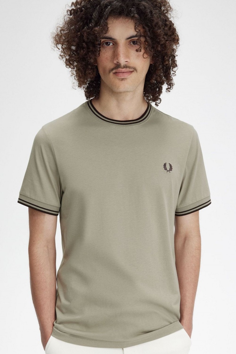 Fred Perry Twin Tipped Men's T-Shirt Warm Grey Dark Red | ZHVNP4038