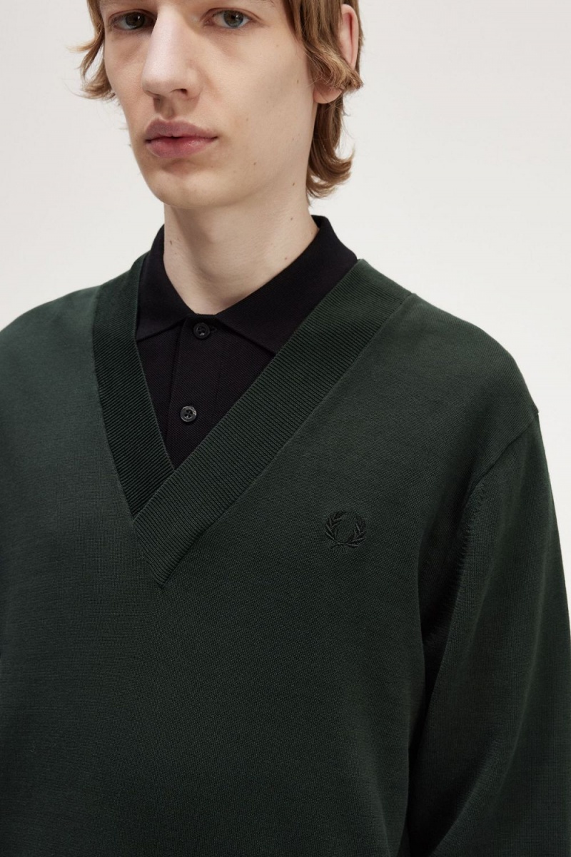 Fred Perry V-Neck Men's Jumper Night Green | CMYXI4375