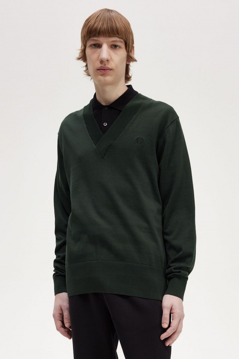 Fred Perry V-Neck Men's Jumper Night Green | CMYXI4375