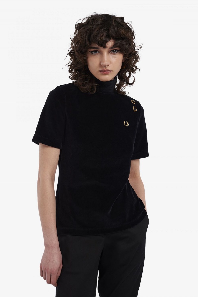 Fred Perry Velour Women\'s T-Shirt Black | ZUDVG1047