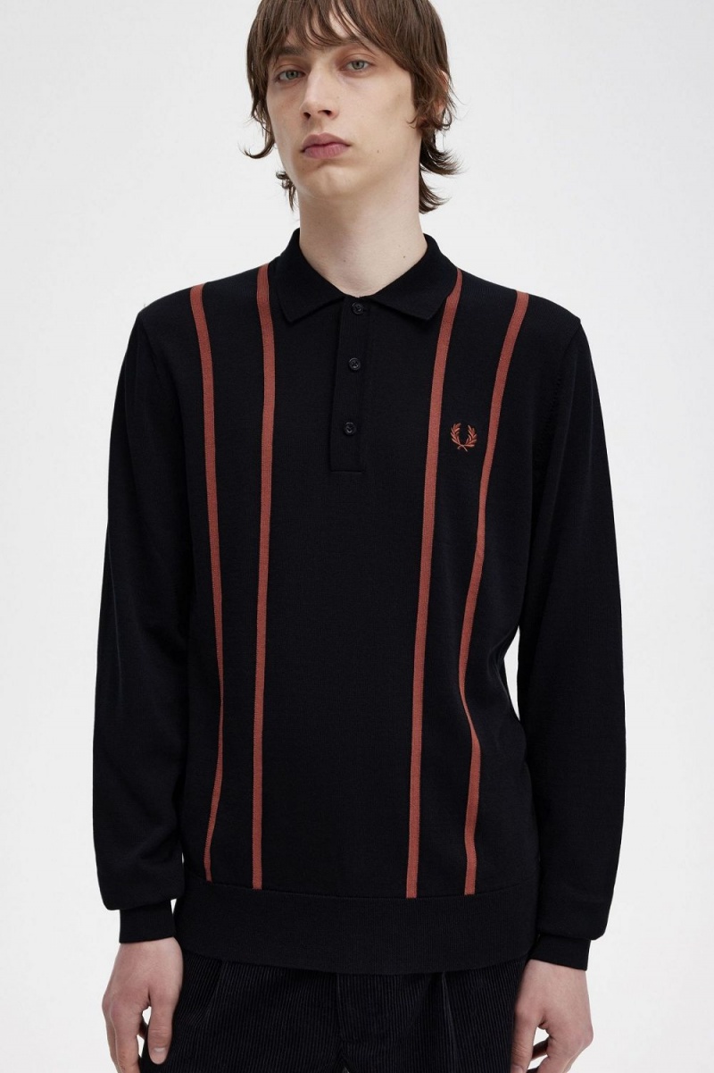 Fred Perry Vertical Stripe Knitted Men's Shirt Black | GJTCI4875