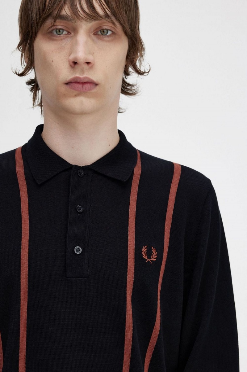 Fred Perry Vertical Stripe Knitted Men's Shirt Black | GJTCI4875