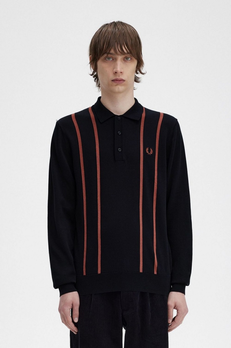 Fred Perry Vertical Stripe Knitted Men\'s Shirt Black | GJTCI4875