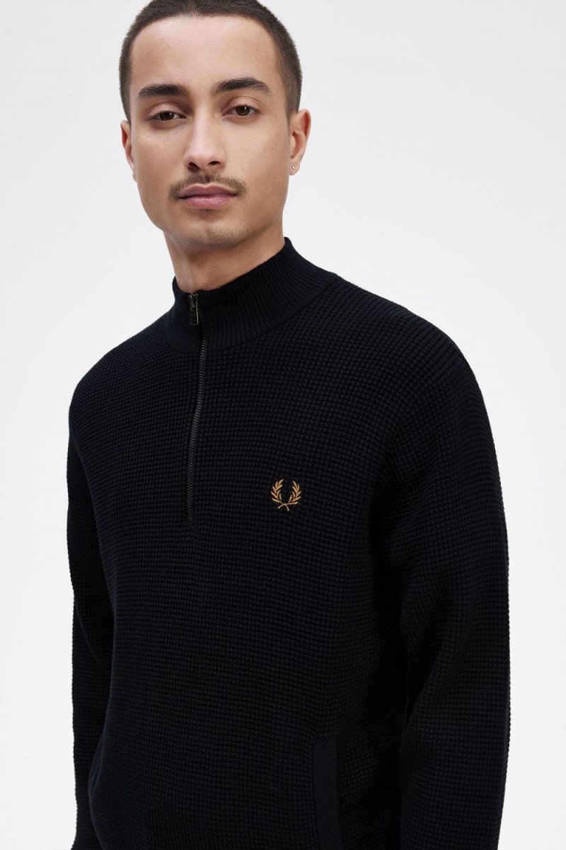 Fred Perry Waffle Stitch Half Zip Men's Jumper Navy | CSQGU3281