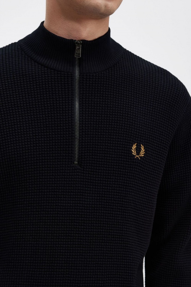 Fred Perry Waffle Stitch Half Zip Men's Jumper Navy | CSQGU3281