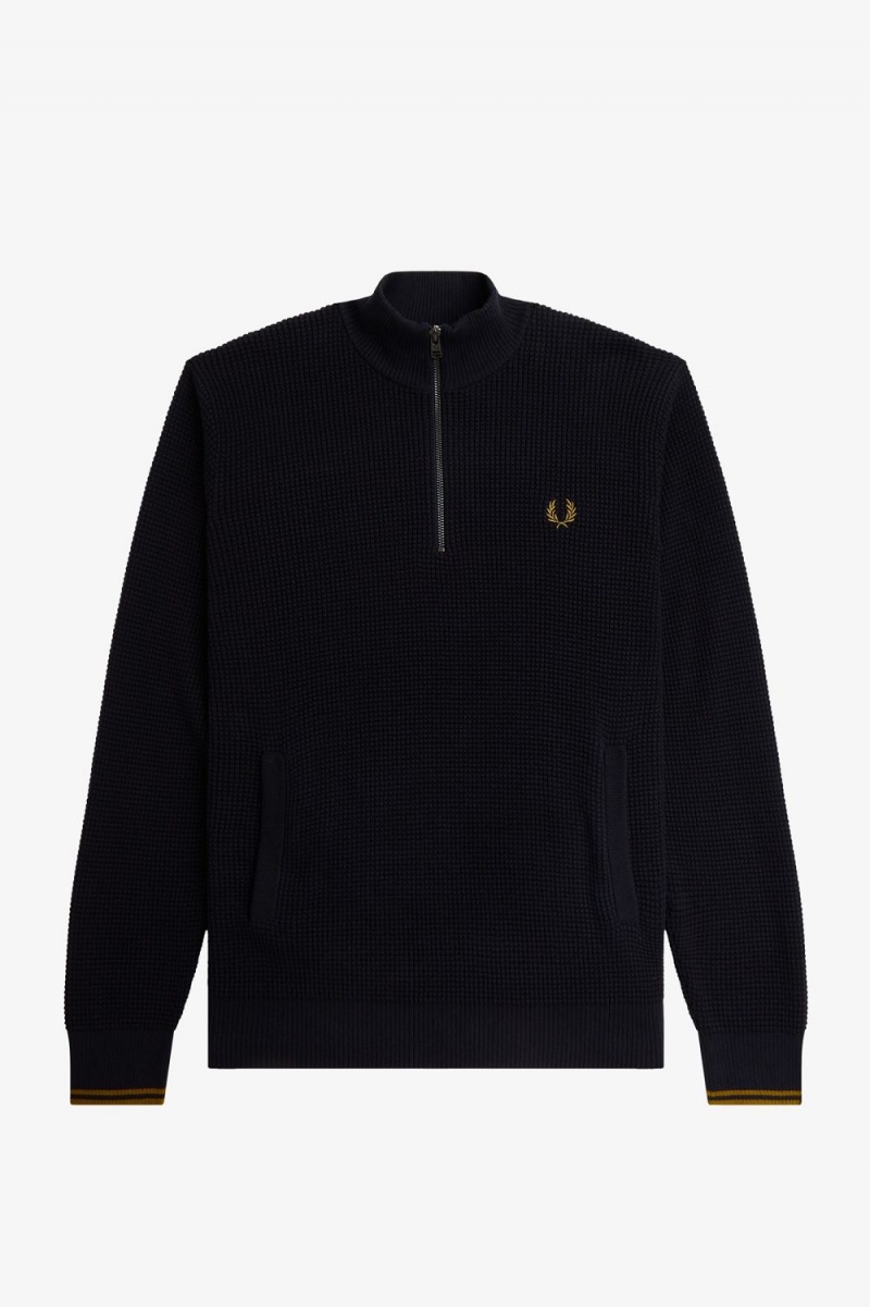 Fred Perry Waffle Stitch Half Zip Men's Jumper Navy | CSQGU3281