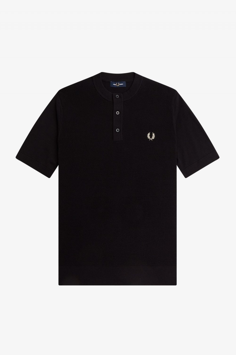 Fred Perry Waffle Stitch Henley Men's Shirt Black | VCAMJ2359