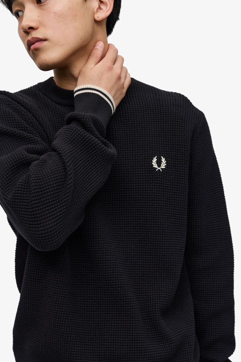 Fred Perry Waffle Stitch Men's Jumper Black | WQVAU5167