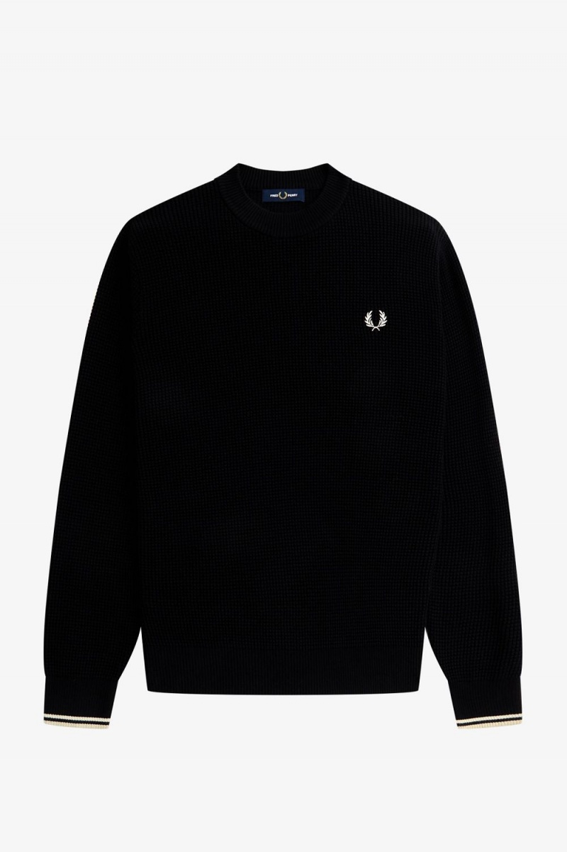 Fred Perry Waffle Stitch Men's Jumper Black | WQVAU5167