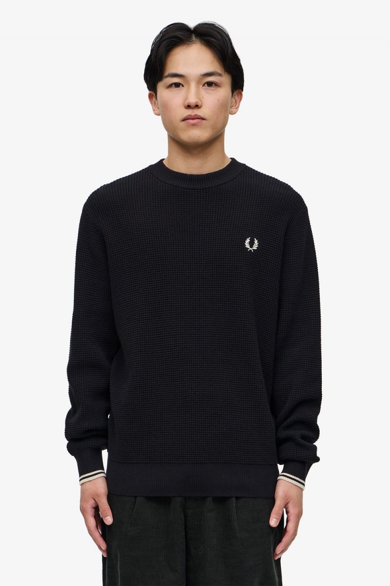 Fred Perry Waffle Stitch Men\'s Jumper Black | WQVAU5167