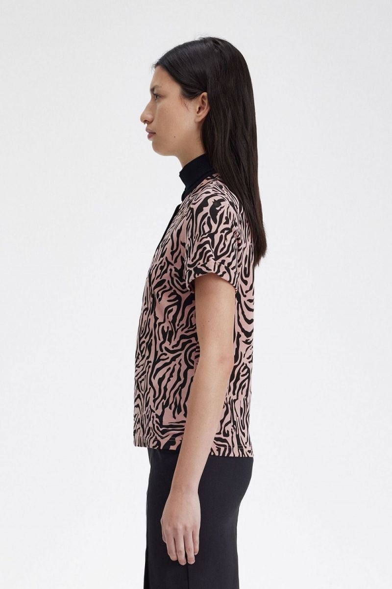 Fred Perry Zebra Print Women's Polo Shirt Dusty Rose Pink | DOUXJ4975