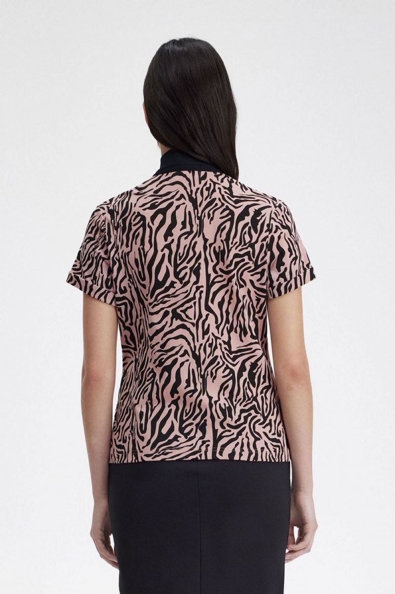 Fred Perry Zebra Print Women's Polo Shirt Dusty Rose Pink | DOUXJ4975