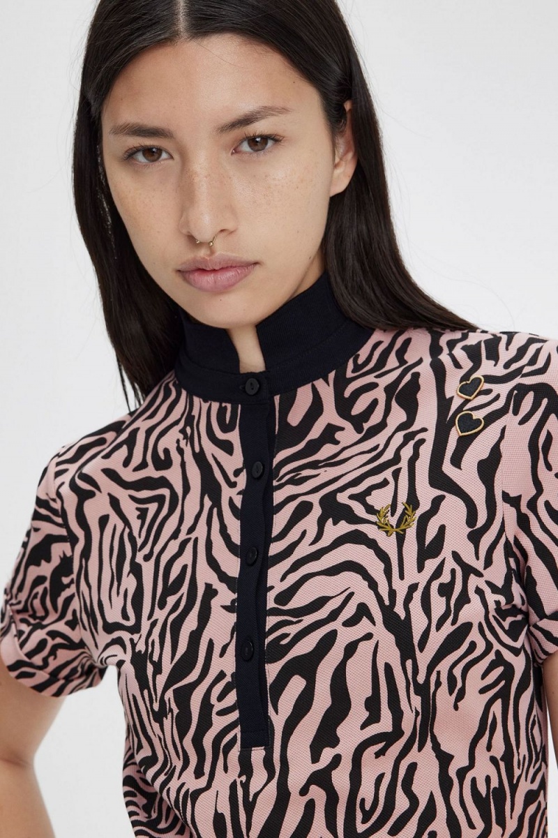 Fred Perry Zebra Print Women's Polo Shirt Dusty Rose Pink | DOUXJ4975