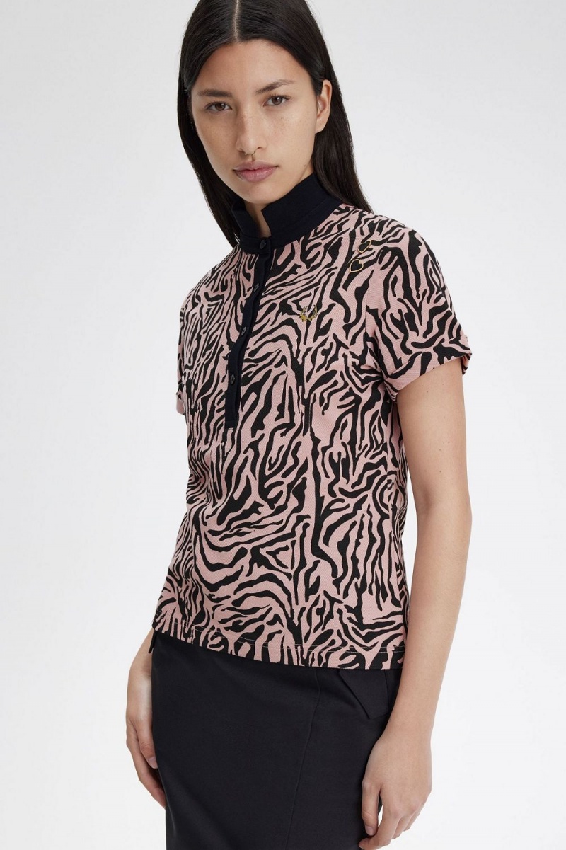 Fred Perry Zebra Print Women's Polo Shirt Dusty Rose Pink | DOUXJ4975